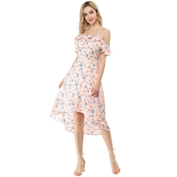 Allegra K Women's Spaghetti Straps Ruffled Sleeves Asymmetrical High Low Floral - Picture 3 of 9